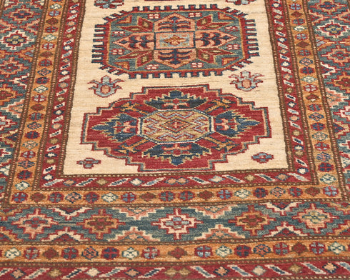 12 Feet Beige Kazak Afghan Hand Knotted Wool Runner Rug